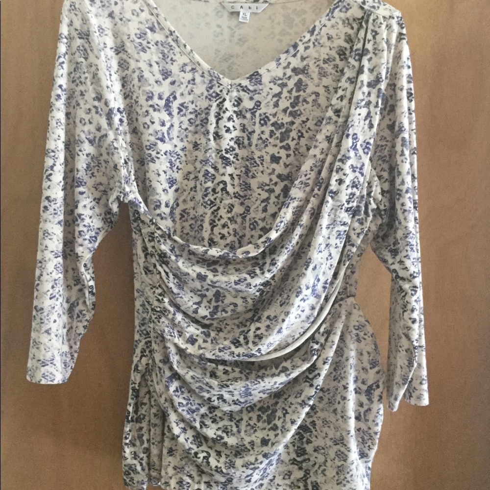 Cabi Blue Cream Faux Wrap Top LS Sz XL